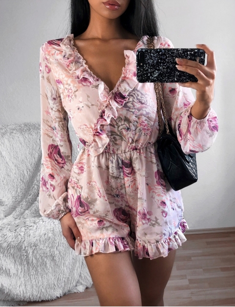 Loose Fit Flowery Playsuit with Belt and Ruffles