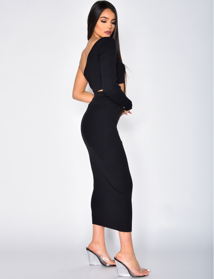 Ribbed Asymmetric Crop Top and Skirt Co-ord