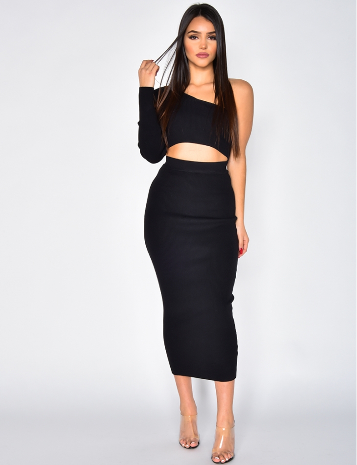 Ribbed Asymmetric Crop Top and Skirt Co-ord