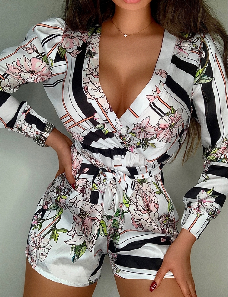 Loose-fitting Striped Playsuit with Flower Pattern