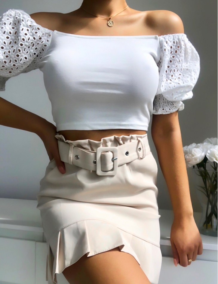 Embroidered Crop Top with Puff Sleeves