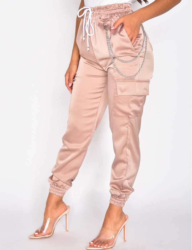Satiny Cargo Trousers with Chain
