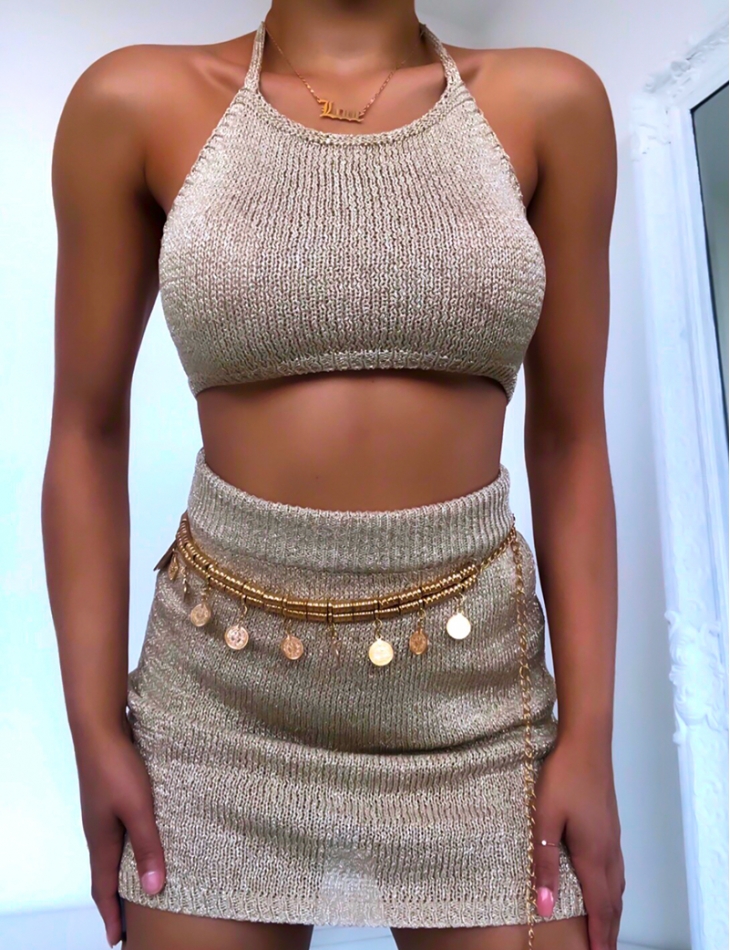 Iridescent Knit Tie Crop Top and Skirt Co-ord