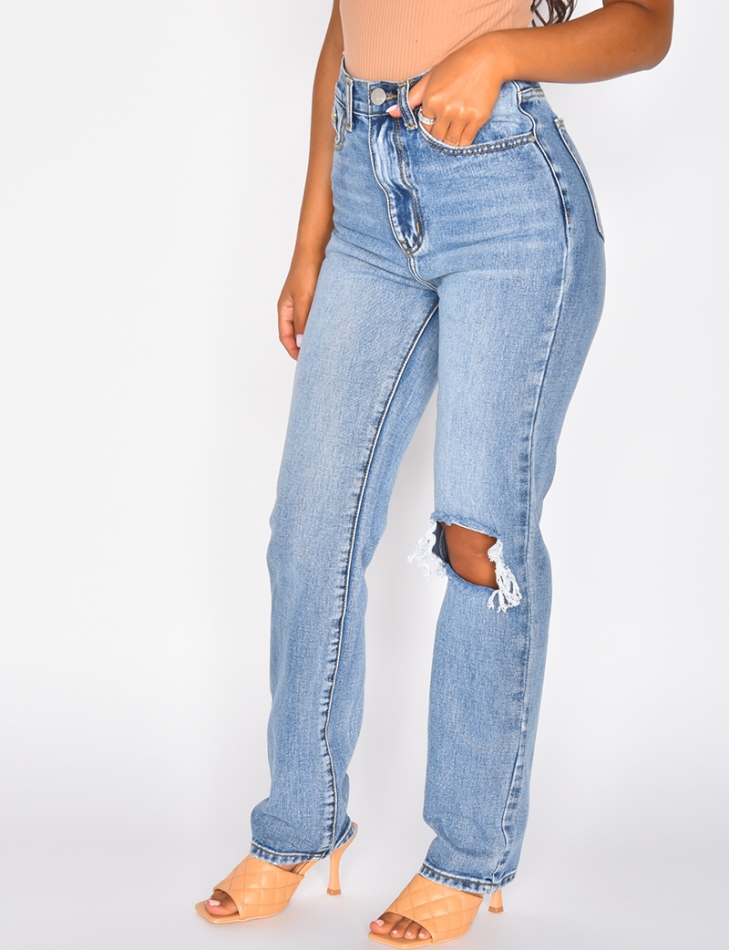 High Waisted Straight Leg Jeans - Ripped at the Knee