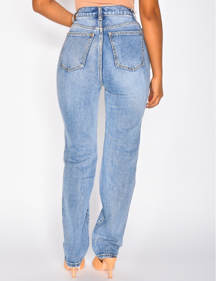 High Waisted Straight Leg Jeans - Ripped at the Knee