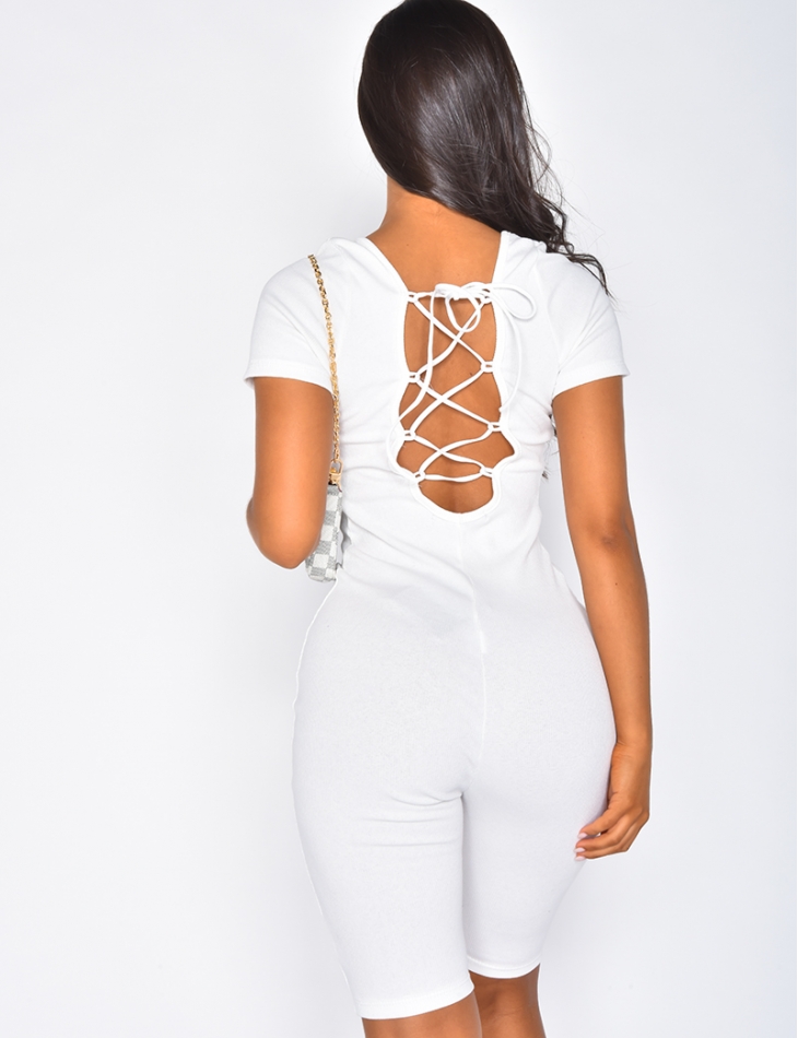 Ribbed Playsuit with Lace Up Back