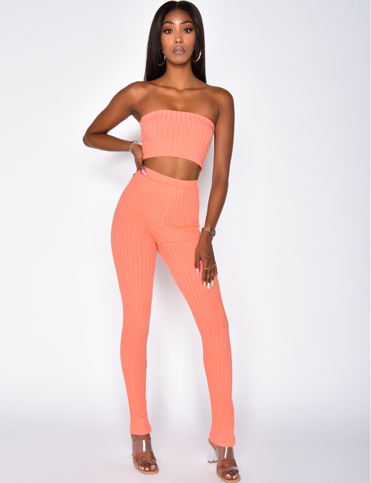 Ribbed Bandeau and Slit Trousers Co-ord