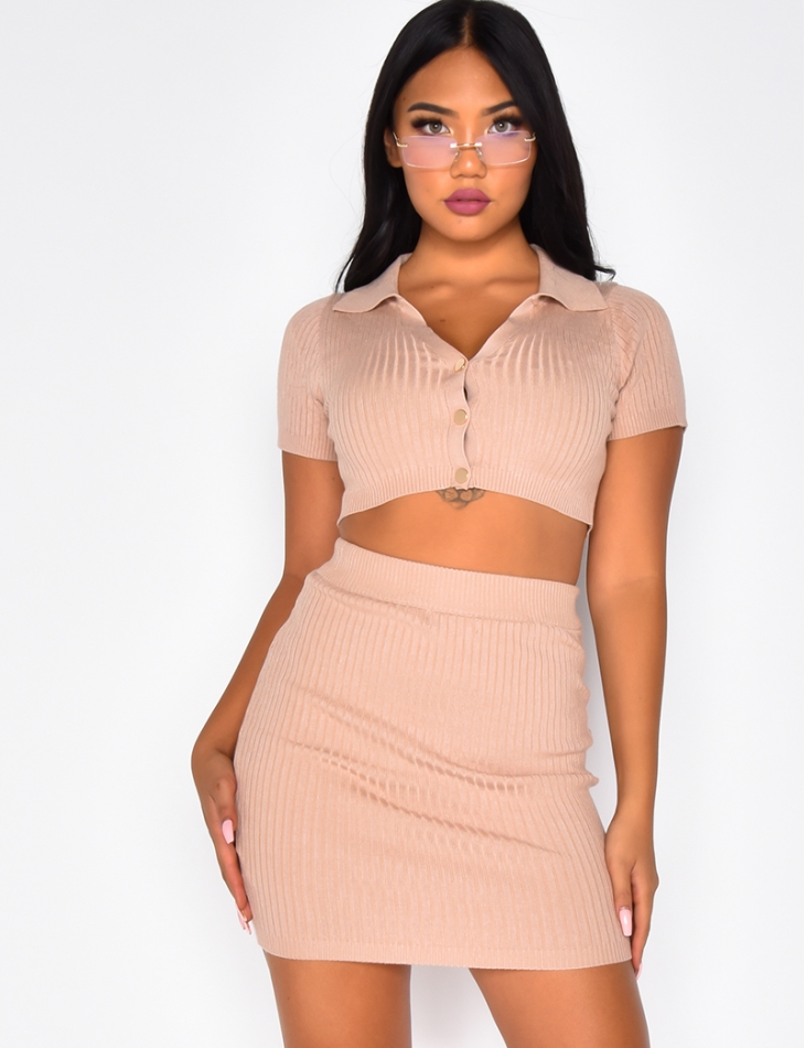 Ribbed Skirt and Crop Top with Buttons Co-ord