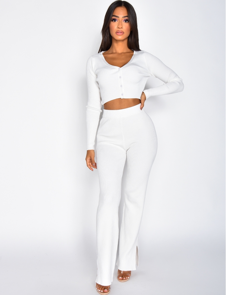 Ribbed Slit Flared Trousers and Cardigan Co-ord