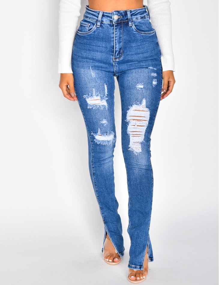 high waisted damaged jeans