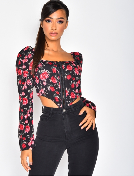 Crop Top with Puff Sleeves and Flowers