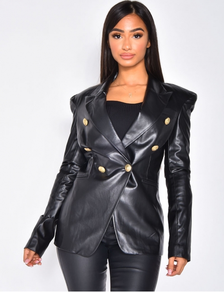 Faux Leather Blazer with Officer Buttons