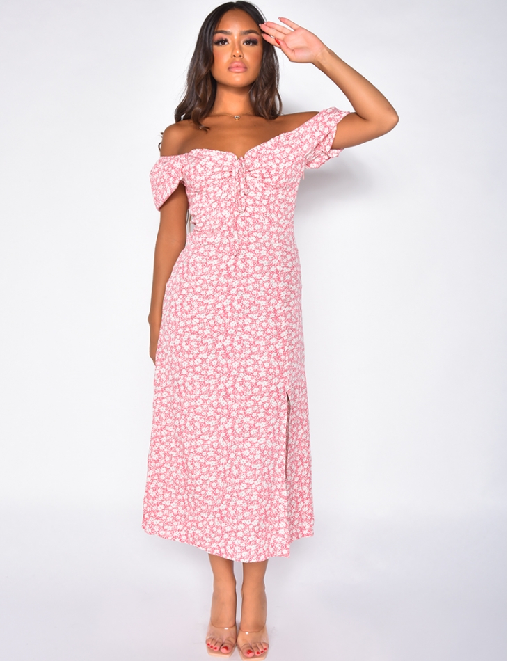 pink gingham bardot dress