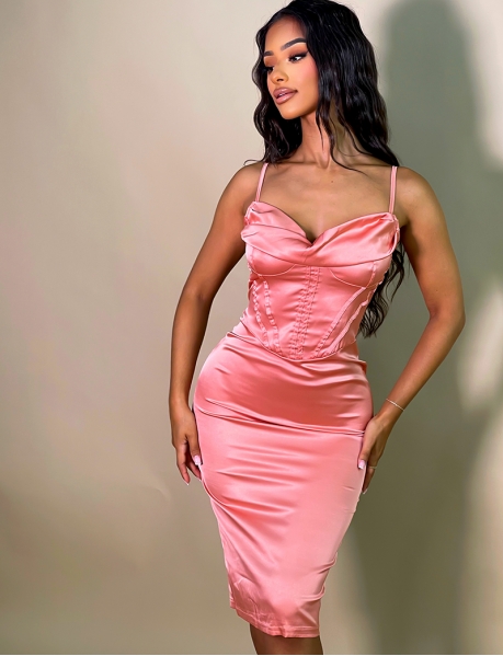 By Sabrina.K / Strapless satin dress with draped effect and bustier topstitching