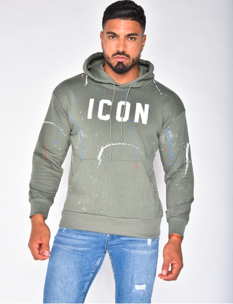 "ICON" hoodie with paint-style flecks