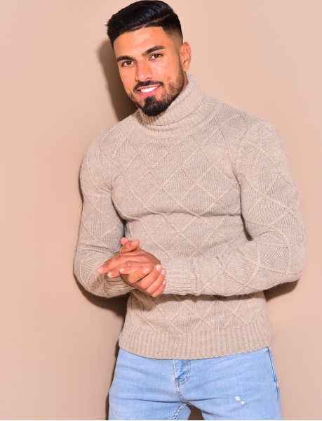 Polo Neck Jumper with Embossed Diamond Pattern