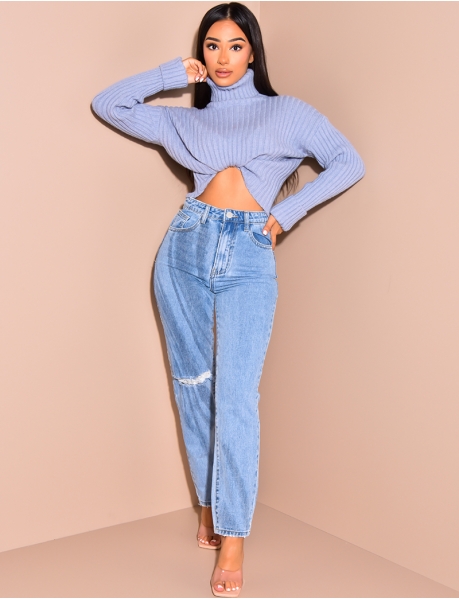 Straight Leg Jeans mit hoher Taille in Destroyed-Optik