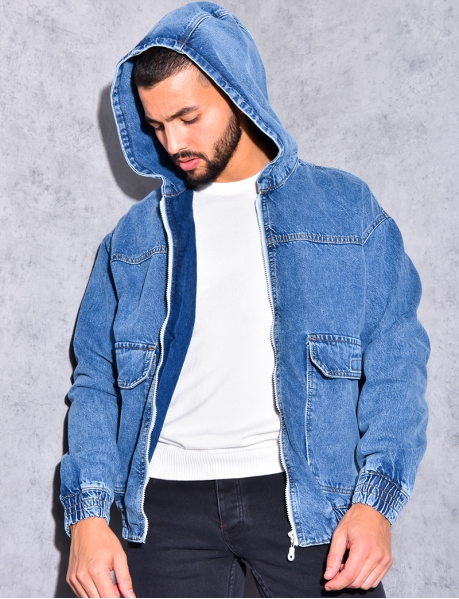 Denim Jacket with Hood and Pockets