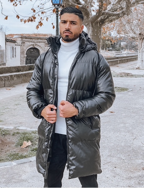 Long Faux Leather Padded Jacket with Hood