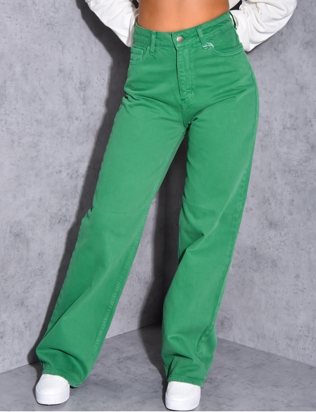 Jeans taille haute coupe droite vert
