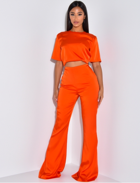 High Waisted Flowing Satin Flared Trousers