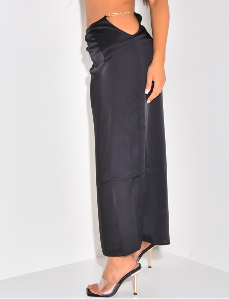 Long openwork satin skirt with chains