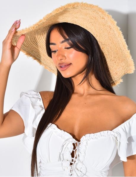 Frayed Straw Hat with Ribbon