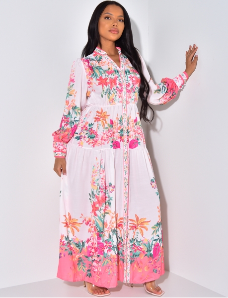 Long Loose Fit Dress with Flower Pattern and Buttons
