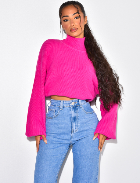 High Neck Short Jumper with Wide Sleeves