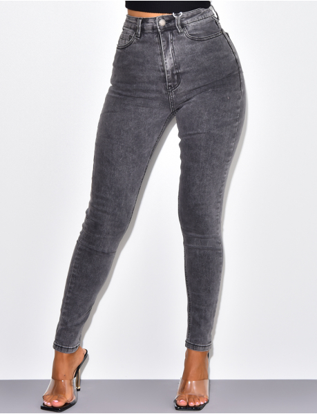 Jeans skinny taille haute gris délavé