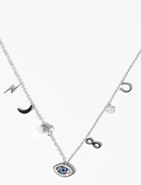 Silberfarbene Halskette mit Augen-, Blitz-, Mond-, Strass-, Unendlichkeits-, Perlen- und Hufeisenanhängern