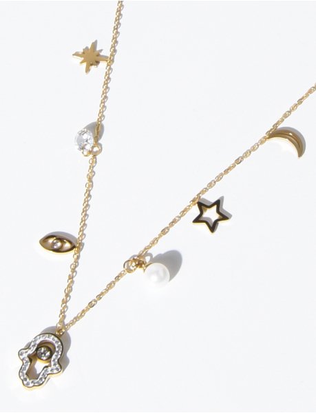 Collier doré avec pendentifs étoile, strass, oeil, main de fatma, perle et lune
