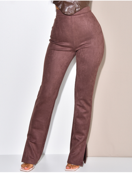 Suedette straight leg trousers with slits
