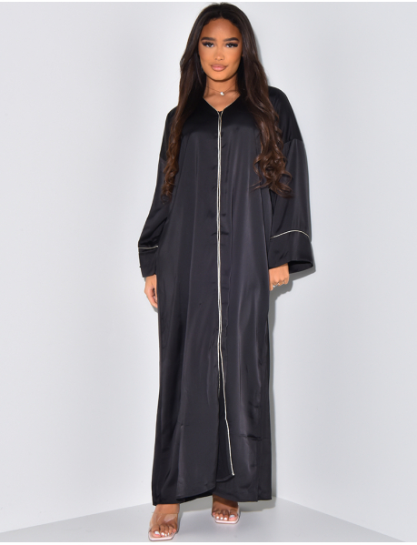 Lange Abaya aus Satin mit Reißverschluss und goldener Paspelierung