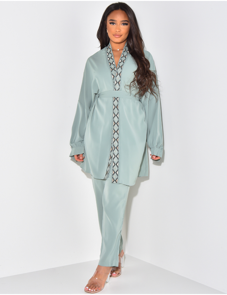 V-neck tunic with embroidery and tie & loose trousers co-ord