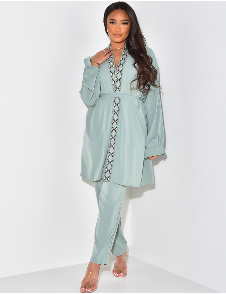 V-neck tunic with embroidery and tie & loose trousers co-ord