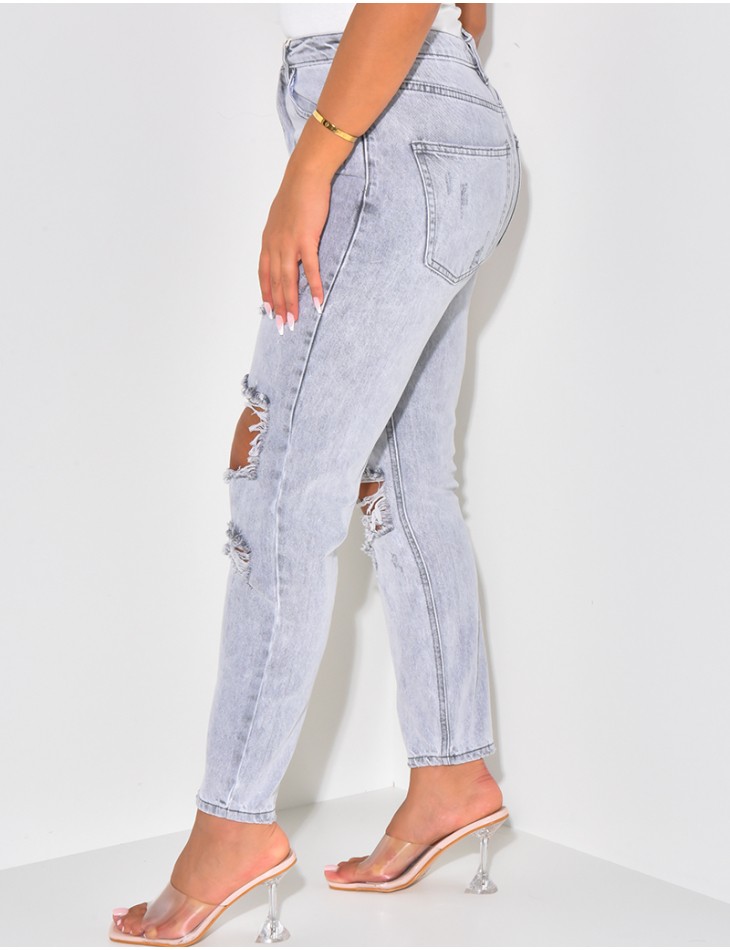 Jeans mom taille haute ultra destroy
