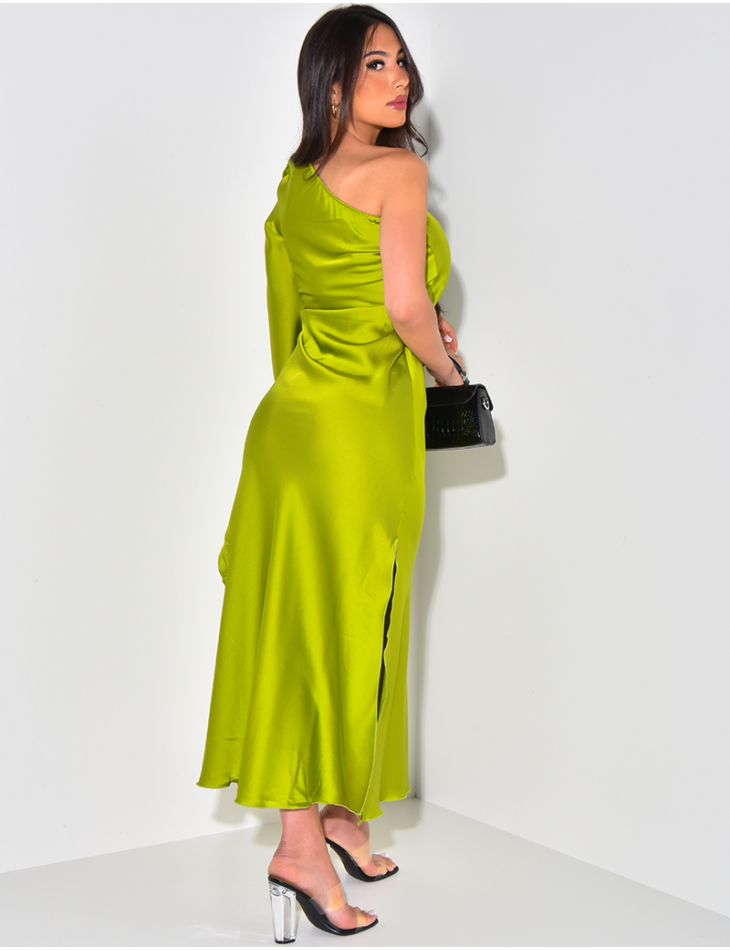 Asymmetric satin dress with flared sleeves