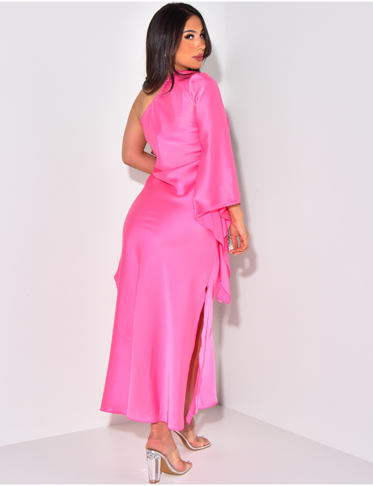 Asymmetric satin dress with flared sleeves