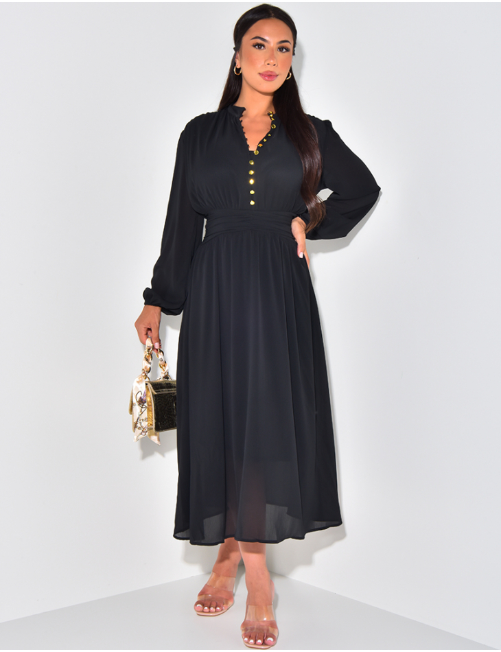   Fitted voile maxi dress with gold buttons