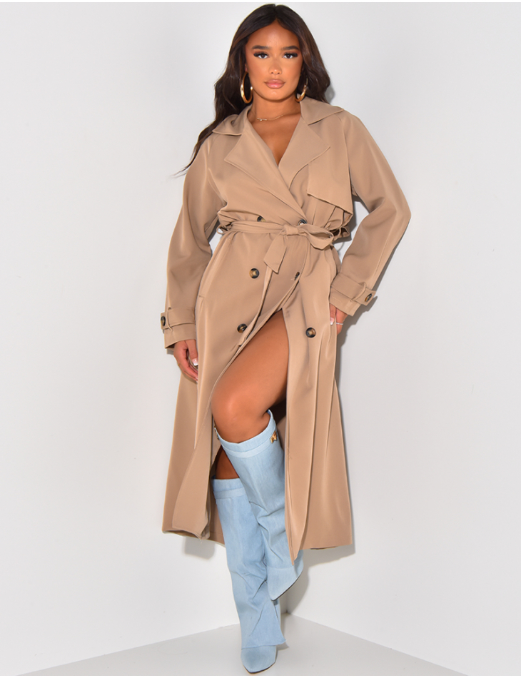 Long flowing trench coat to be belted at the waist