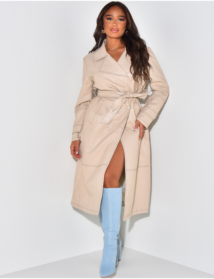 Long trench coat in vegan leather with contrasting seams