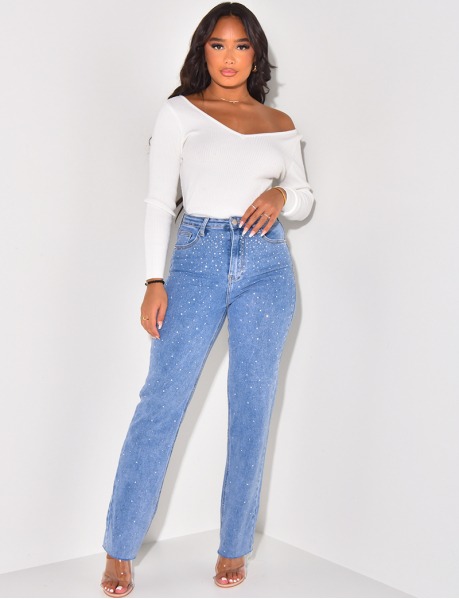 Stretchy straight-leg jeans with rhinestones