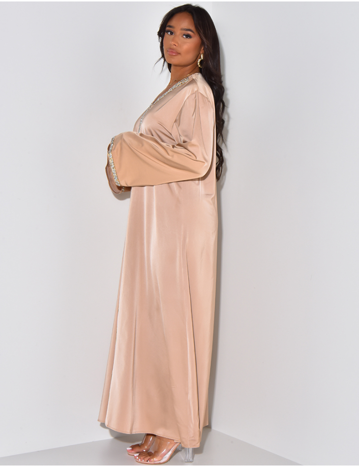Abaya à strass et coutures dorées