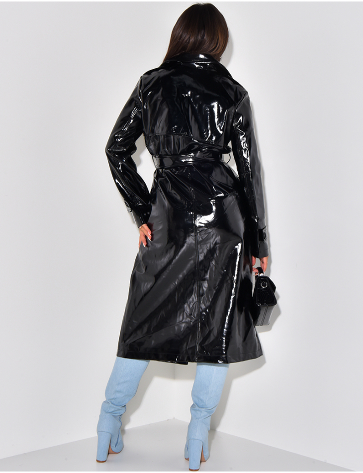   Patent leather-effect long trench coat