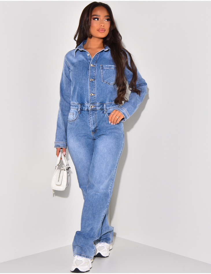   Straight cut jumpsuit in washed stretchy jeans