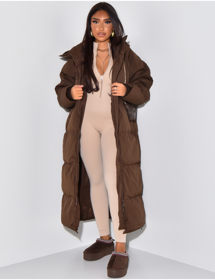 Long hooded puffer jacket with side zips