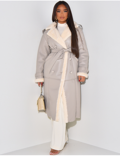 Faux leather coat with tie fastening