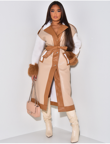 Long coat in faux leather with fur tie