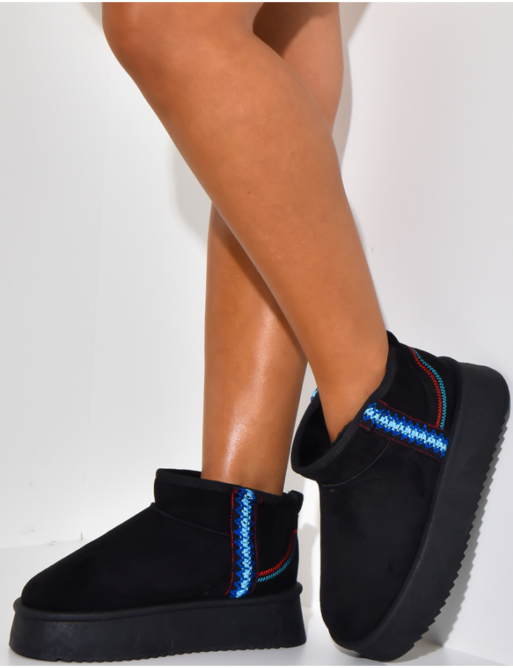  Suedette embroidered wedge booties with fur trim